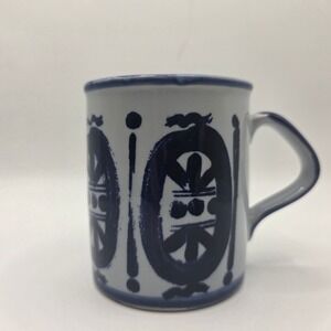 Scandia Hand Painted Japan Coffee Mug Blue White Folk Art Ceramic Vintage 3.75in